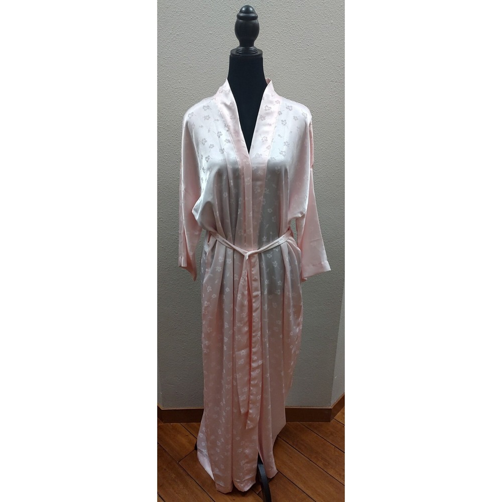 Vintage Kimono Robe Medium Pink Floral Long Belted Semi Opaque F8